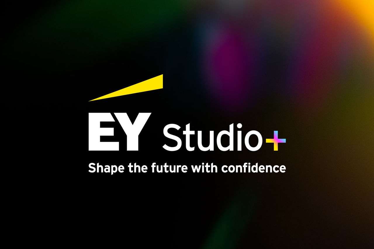 Abstract flare on top of a black background. The EY Studio+ logo sits on top, and the tagline underneath reads "Shape the future with confidence".